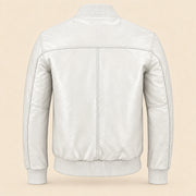Back view of white sheepskin leather MA-1 bomber jacket with shoulder yoke and ribbed hem