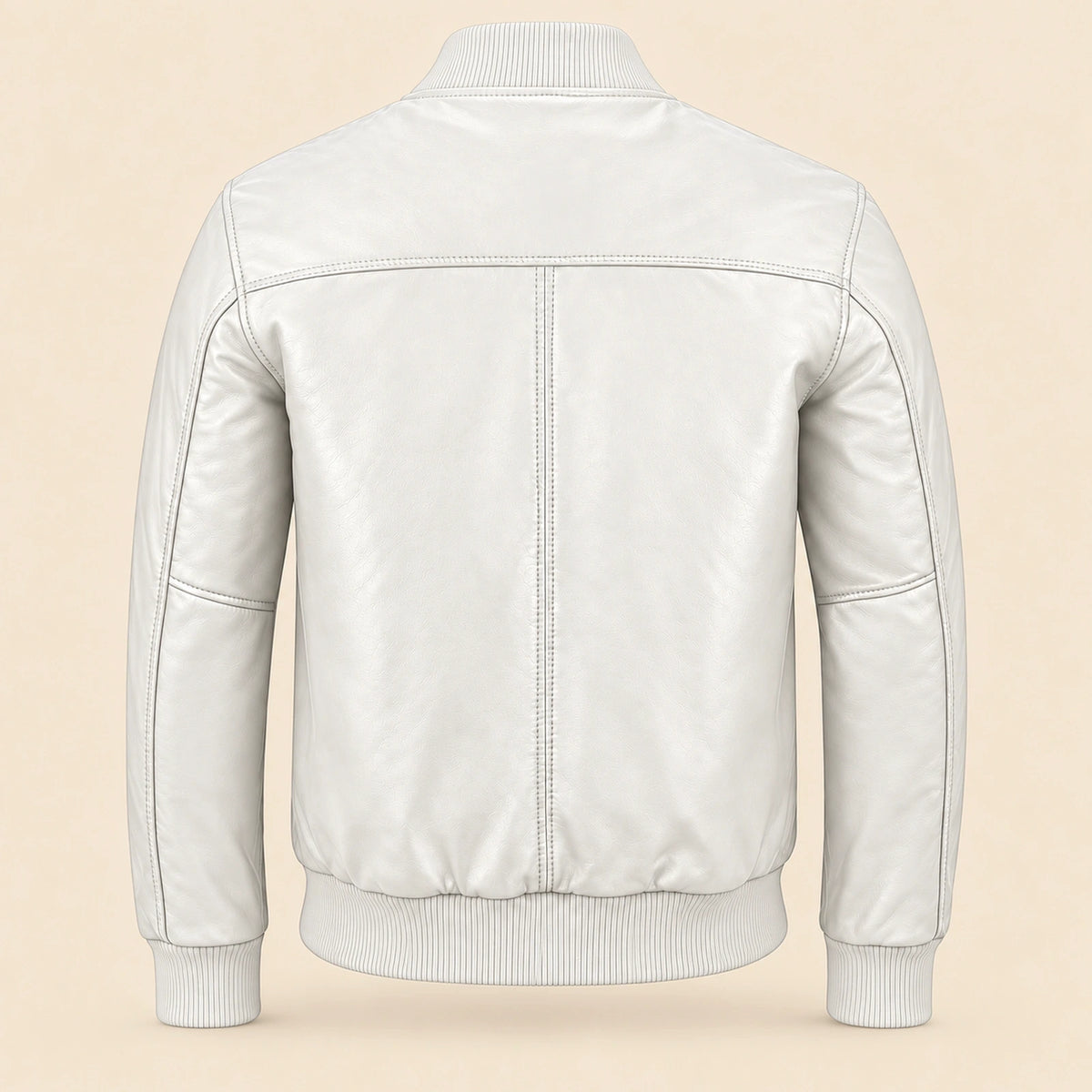 Back view of white sheepskin leather MA-1 bomber jacket with shoulder yoke and ribbed hem