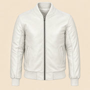 Front view of white sheepskin leather MA-1 bomber jacket with center zip and ribbed trim