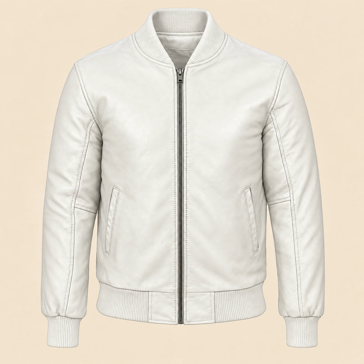 Front view of white sheepskin leather MA-1 bomber jacket with center zip and ribbed trim