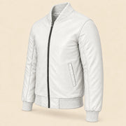 Three-quarter side view of white sheepskin leather MA-1 bomber jacket