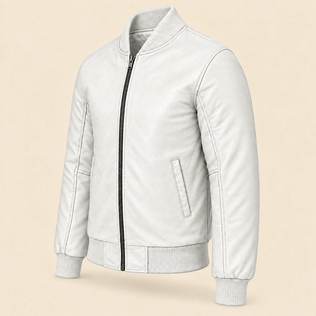 Three-quarter side view of white sheepskin leather MA-1 bomber jacket