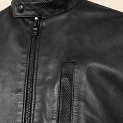 Black men's vintage lambskin biker jacket, close up.