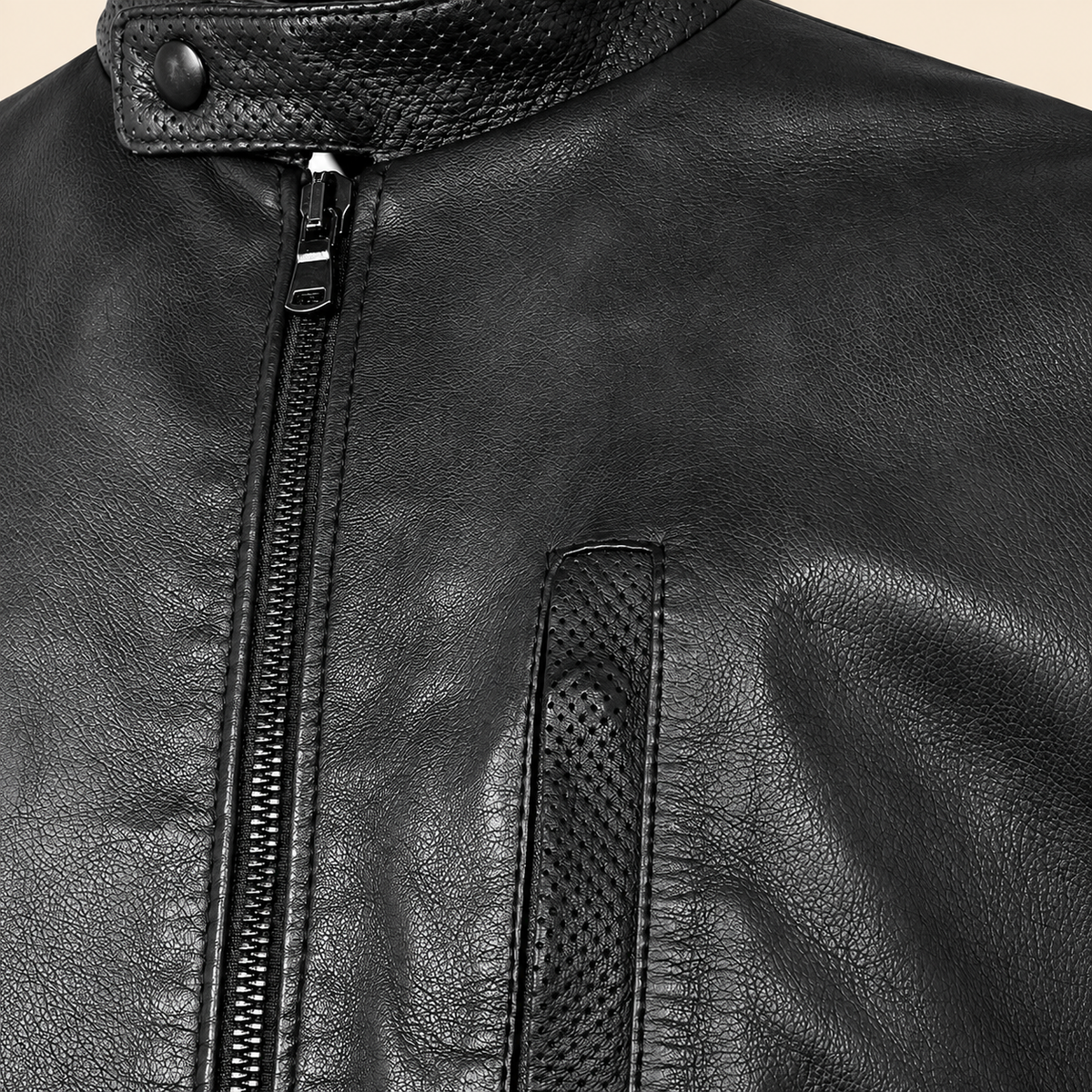 Black men's vintage lambskin biker jacket, close up.