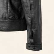 Black men's vintage lambskin biker jacket, cuff detail.