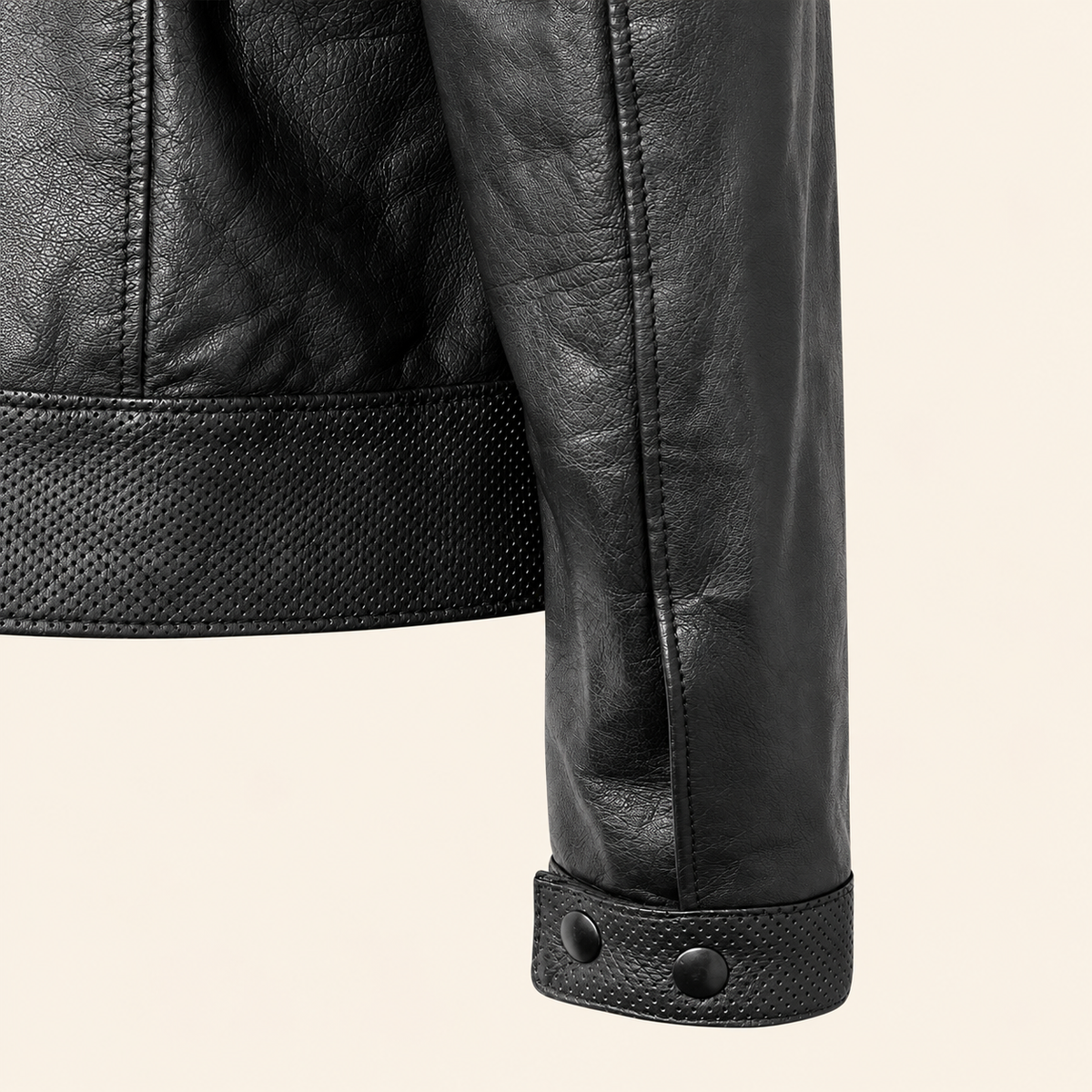 Black men's vintage lambskin biker jacket, cuff detail.