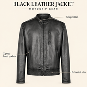 Black men's vintage lambskin biker jacket, infographic.