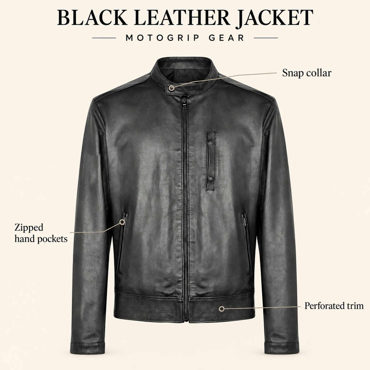 Black men's vintage lambskin biker jacket, infographic.