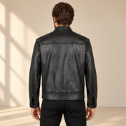 Black men's vintage lambskin biker jacket, model back.