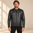 Black men's vintage lambskin biker jacket, model front.