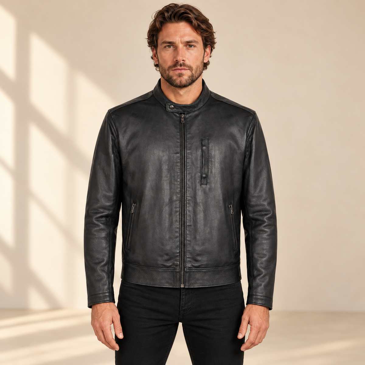 Black men's vintage lambskin biker jacket, model front.