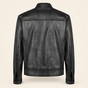 Black men's vintage lambskin biker jacket, product back.