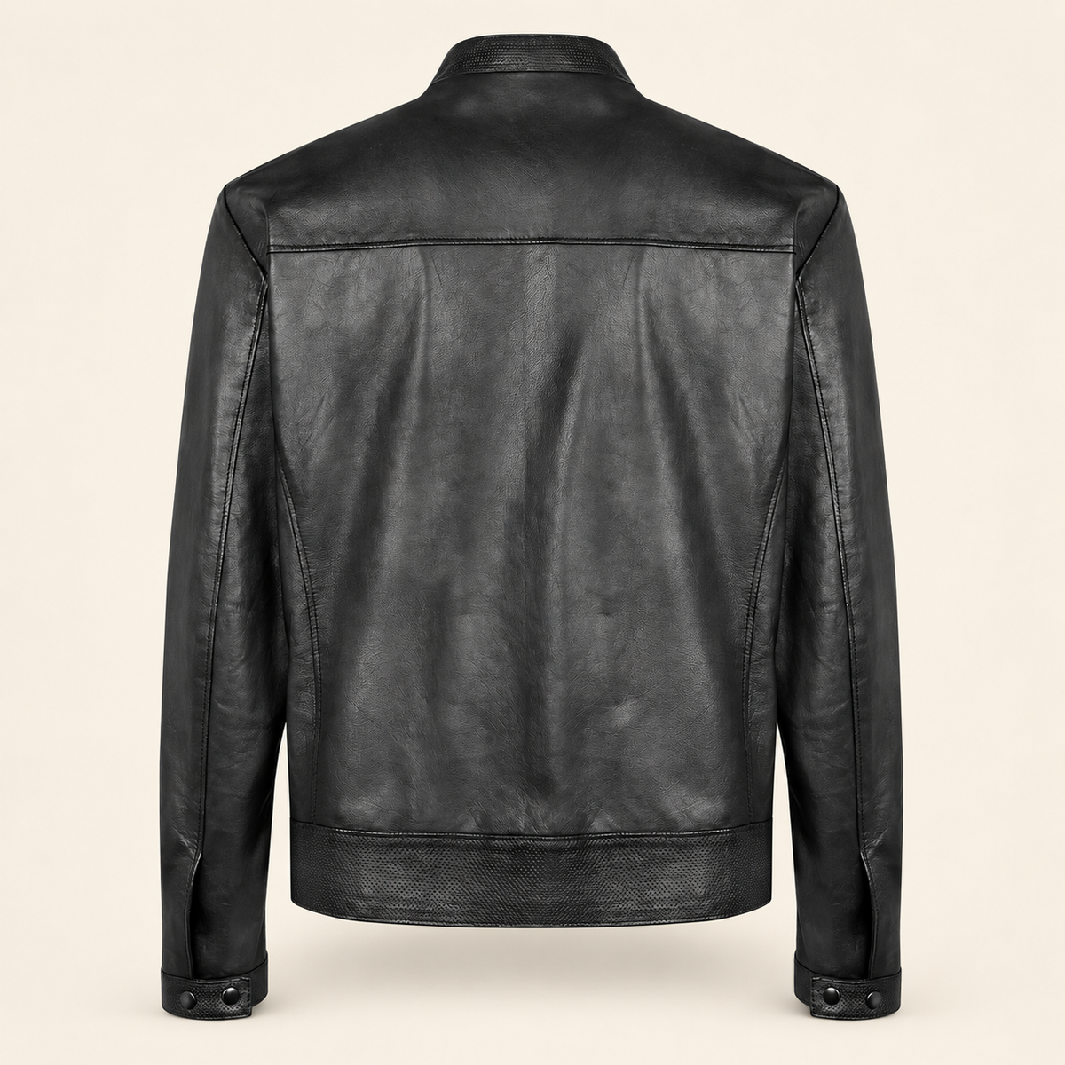 Black men's vintage lambskin biker jacket, product back.