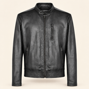 Black men's vintage lambskin biker jacket, product front.