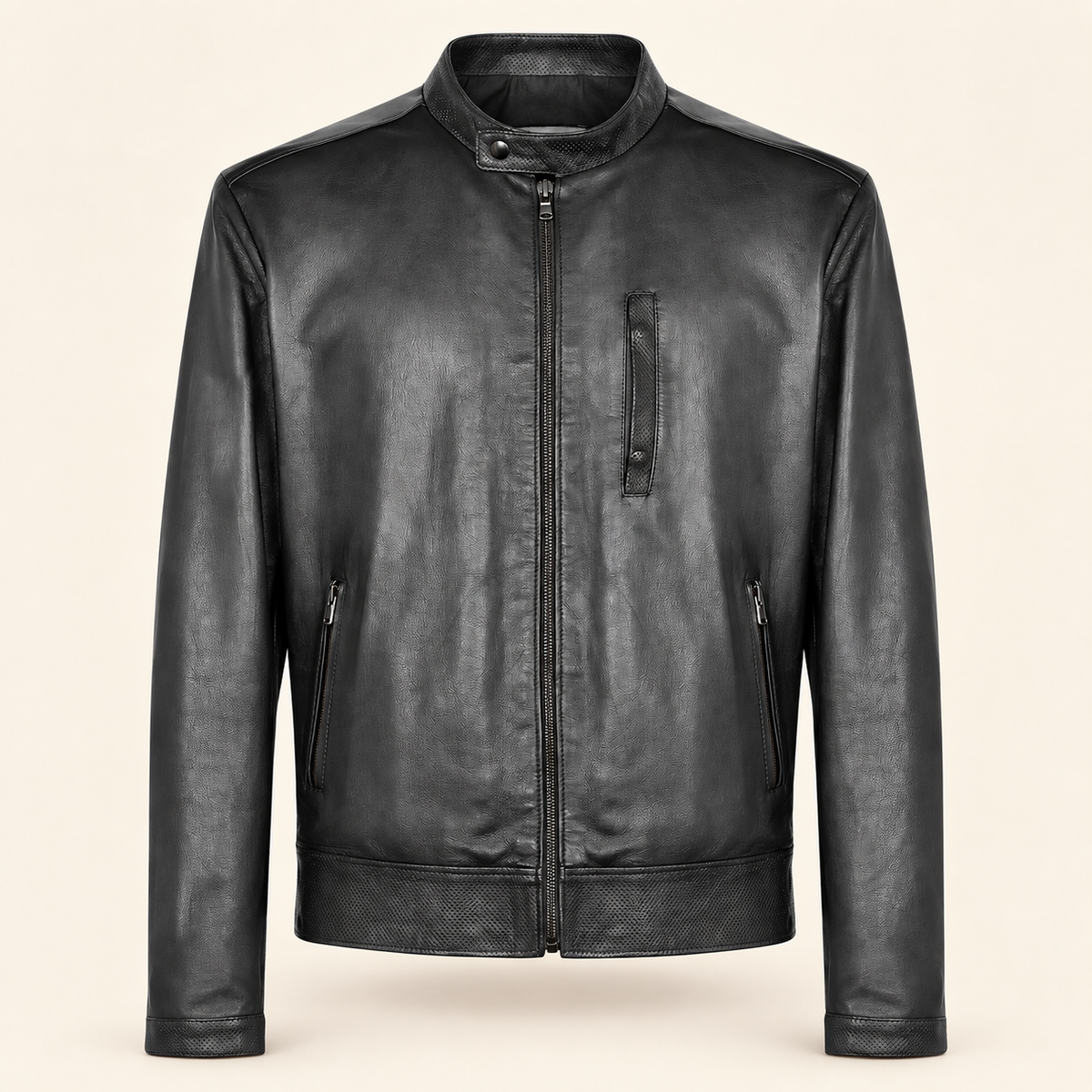 Black men's vintage lambskin biker jacket, product front.