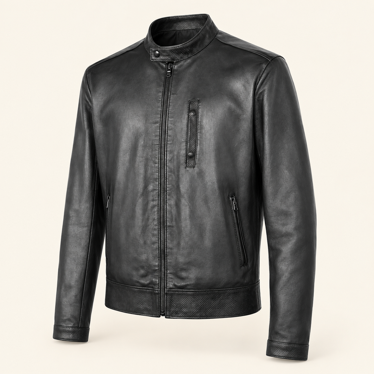 Black men's vintage lambskin biker jacket, side angle.