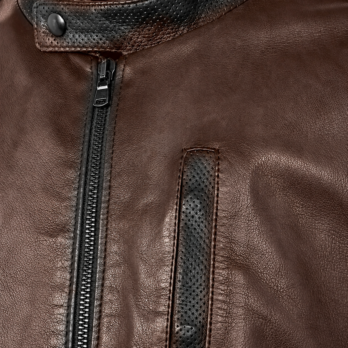 Mocha Brown men's vintage lambskin biker jacket, close up.