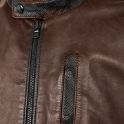 Mocha Brown men's vintage lambskin biker jacket, close up.