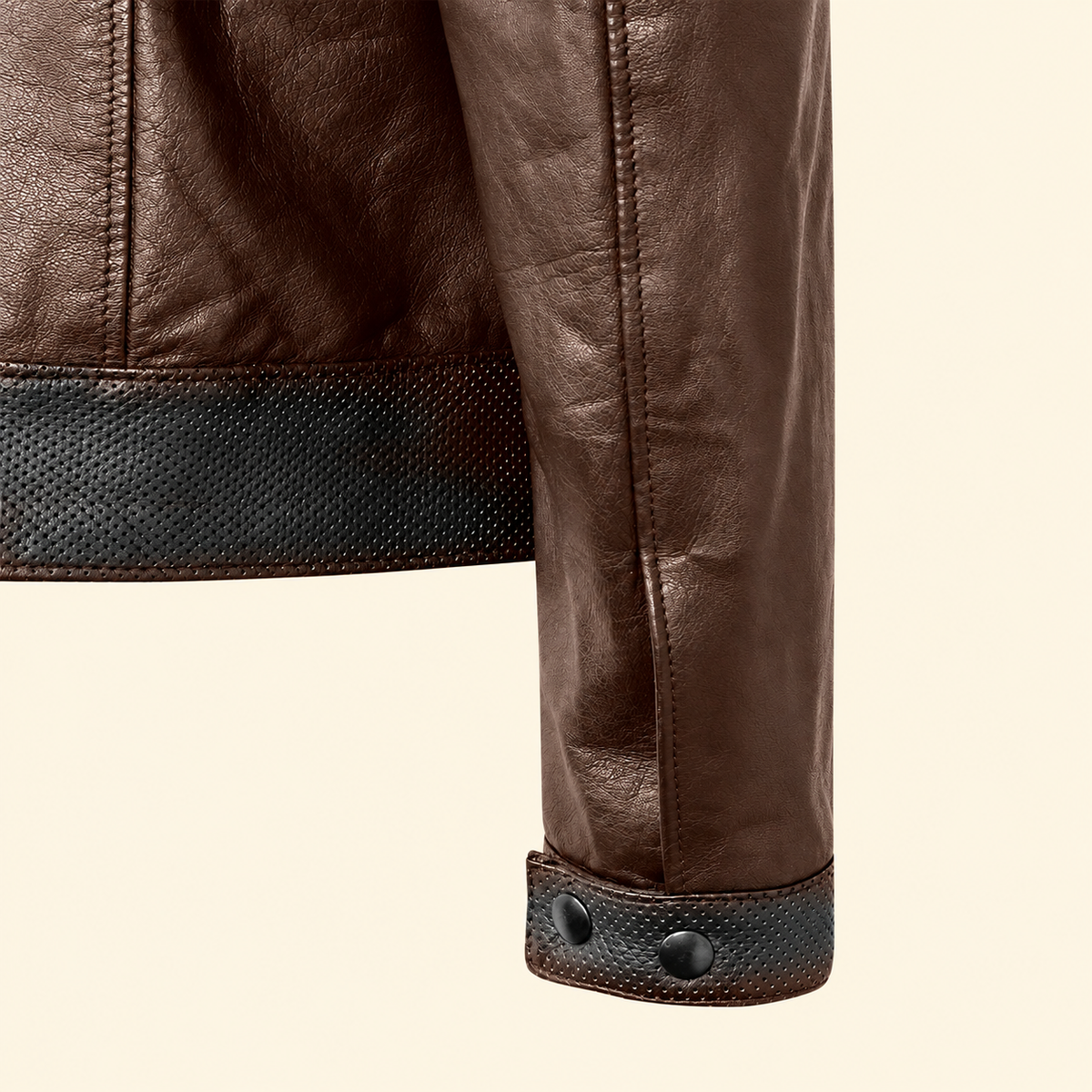 Mocha Brown men's vintage lambskin biker jacket, cuff detail.