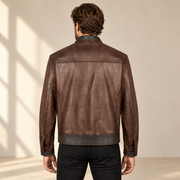 Mocha Brown men's vintage lambskin biker jacket, model back.