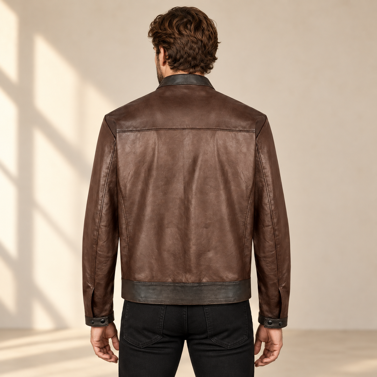 Mocha Brown men's vintage lambskin biker jacket, model back.
