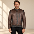 Mocha Brown men's vintage lambskin biker jacket, model front.