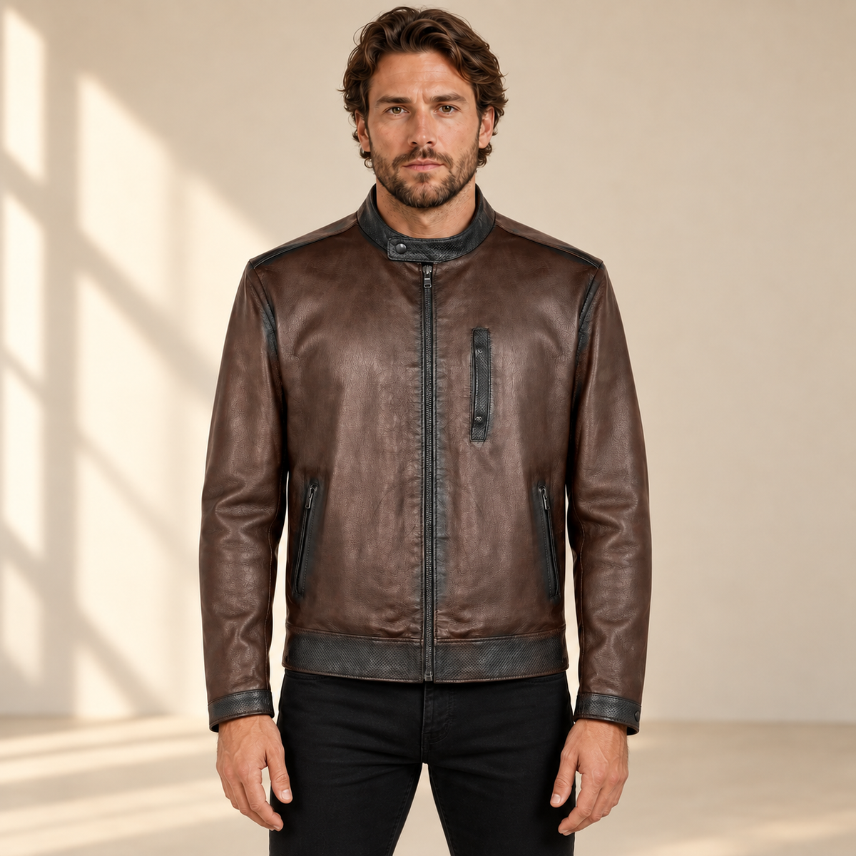 Mocha Brown men's vintage lambskin biker jacket, model front.