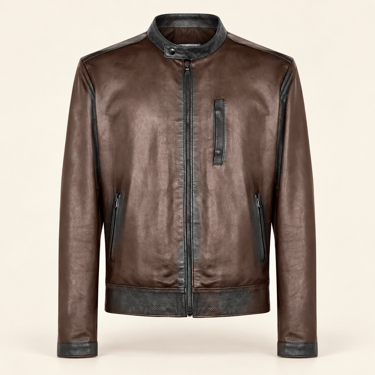 Mocha Brown men's vintage lambskin biker jacket, product front.