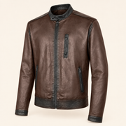 Mocha Brown men's vintage lambskin biker jacket, side angle.