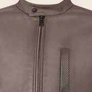 Taupe men's vintage lambskin biker jacket, close up.