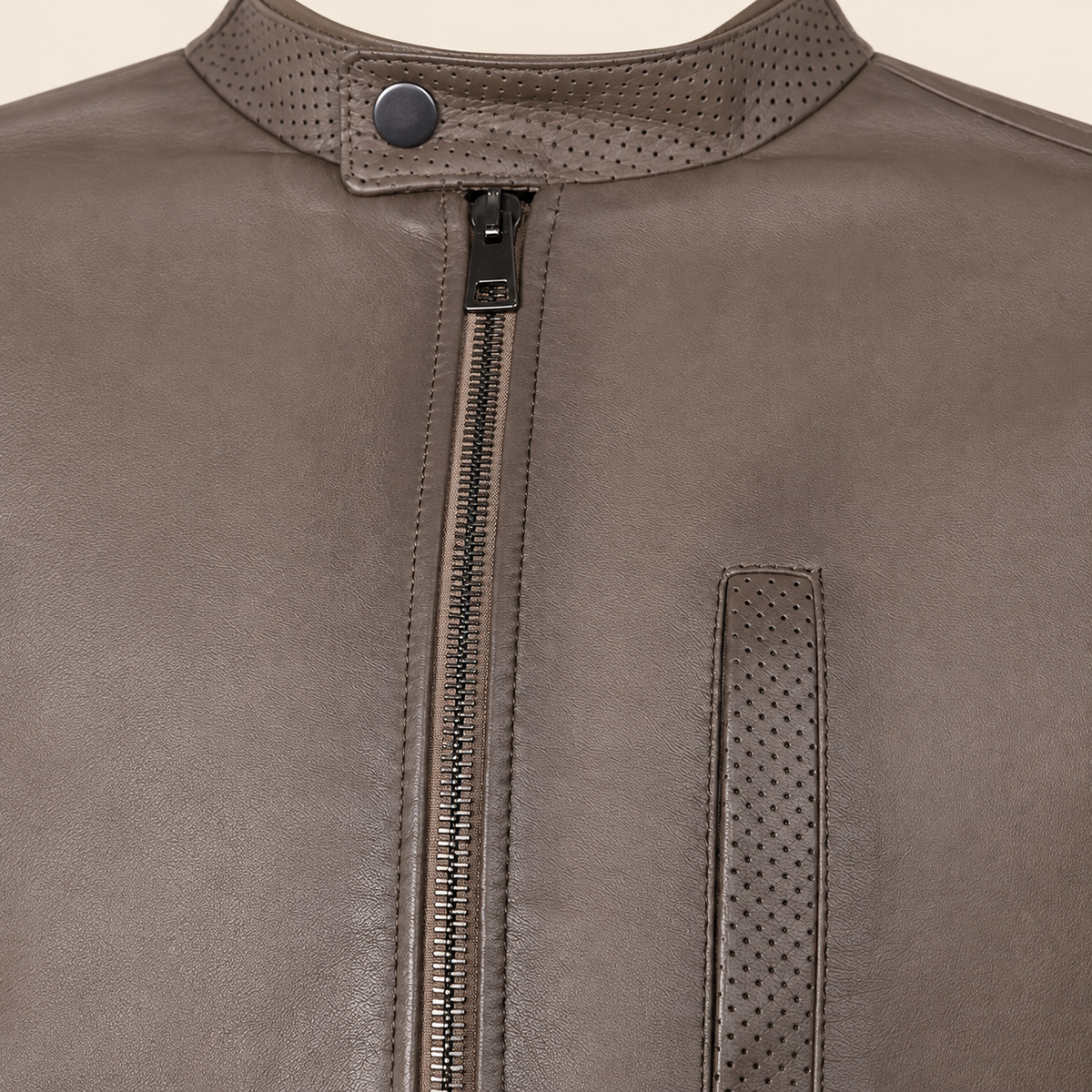 Taupe men's vintage lambskin biker jacket, close up.