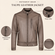 Taupe men's vintage lambskin biker jacket, infographic.