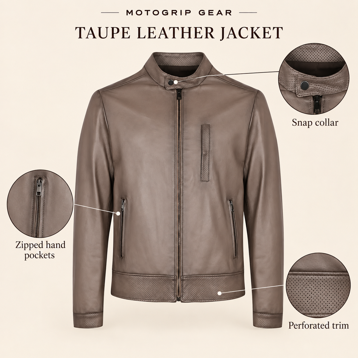 Taupe men's vintage lambskin biker jacket, infographic.