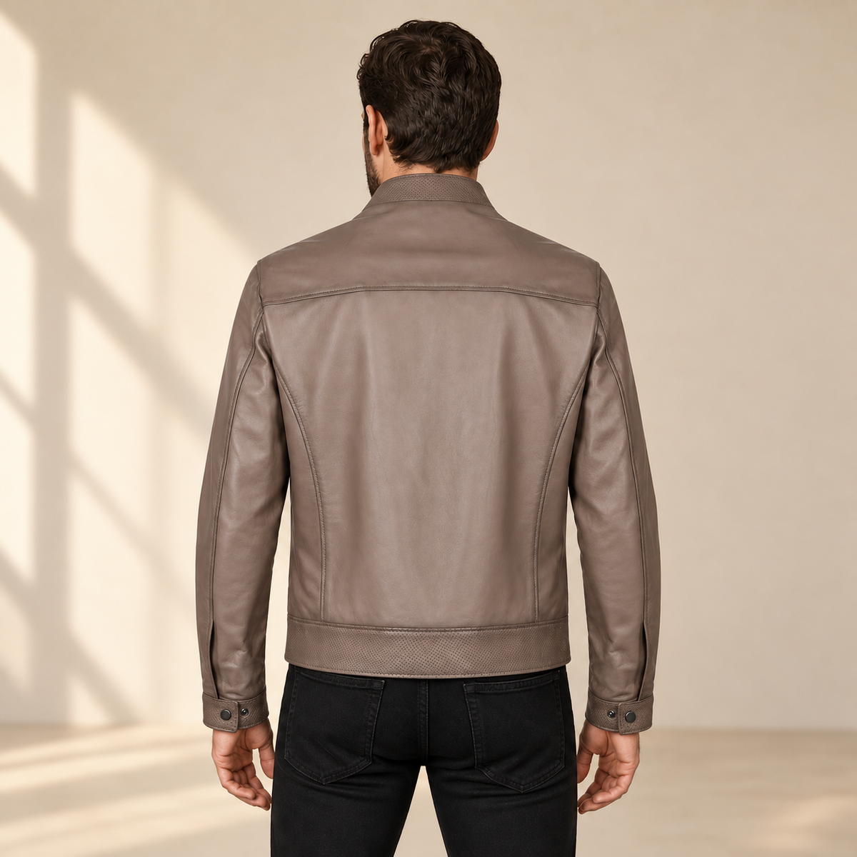 Taupe men's vintage lambskin biker jacket, model back.