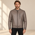Taupe men's vintage lambskin biker jacket, model front.