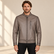 Taupe men's vintage lambskin biker jacket, model front.