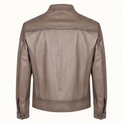 Taupe men's vintage lambskin biker jacket, product back.