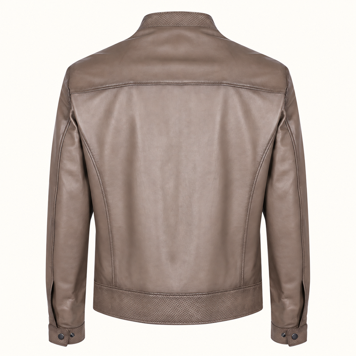 Taupe men's vintage lambskin biker jacket, product back.