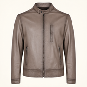 Taupe men's vintage lambskin biker jacket, product front.