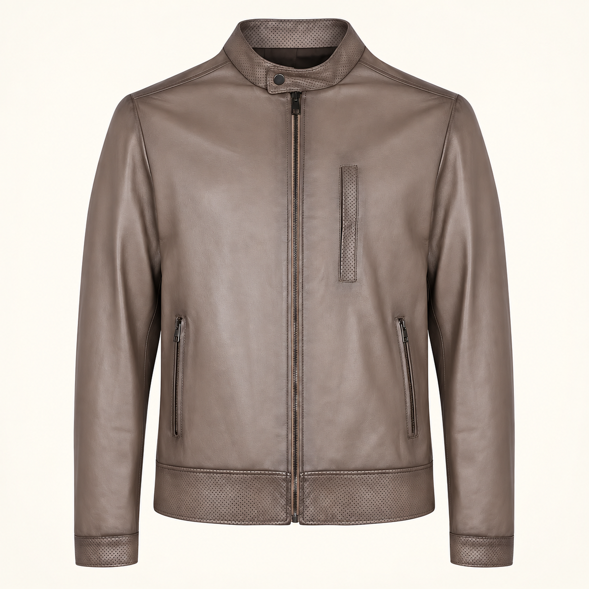 Taupe men's vintage lambskin biker jacket, product front.