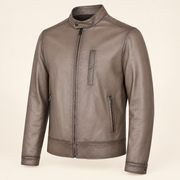 Taupe men's vintage lambskin biker jacket, side angle.