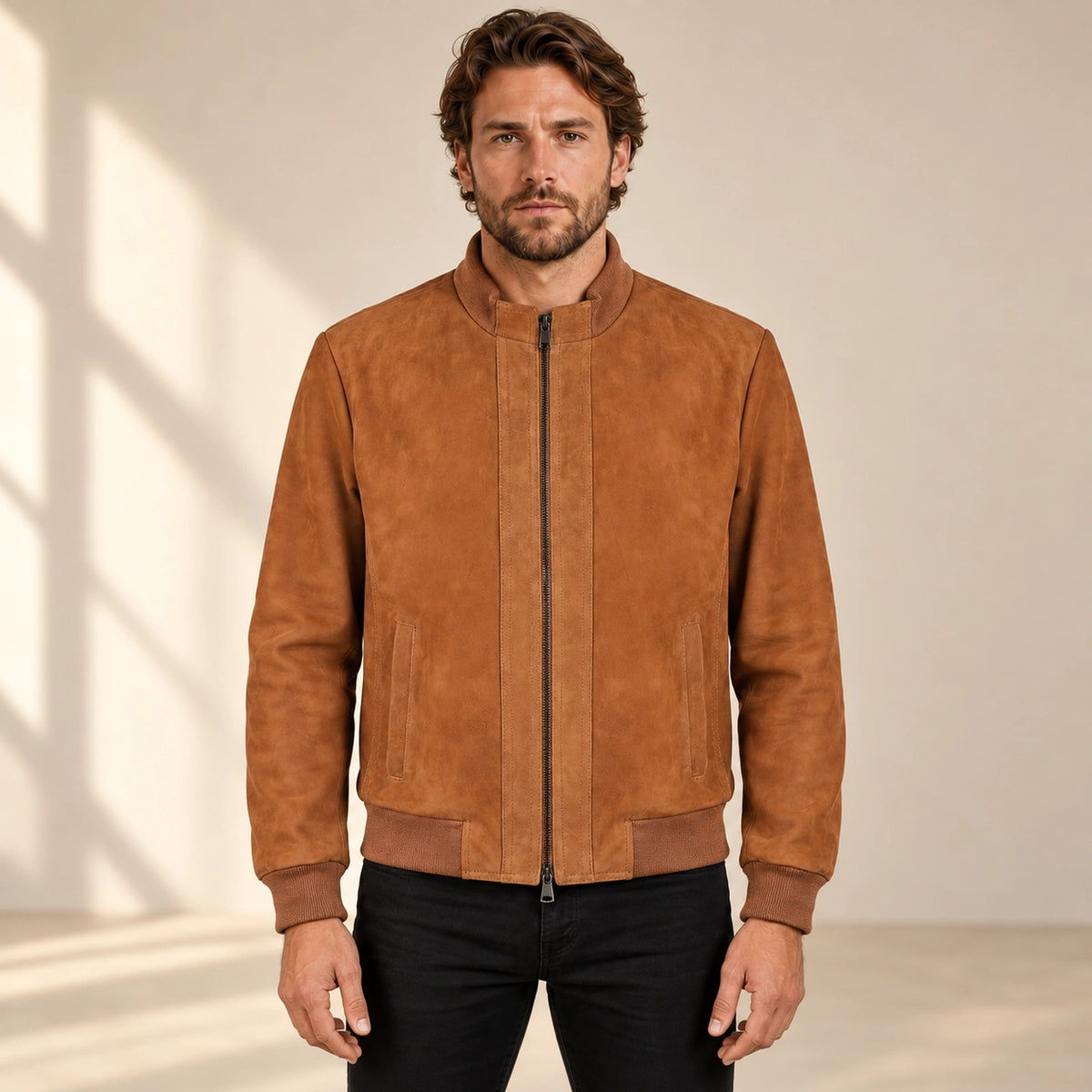 Siena Men's Cuoio Suede Leather Bomber Jacket in cuoio front view on male model