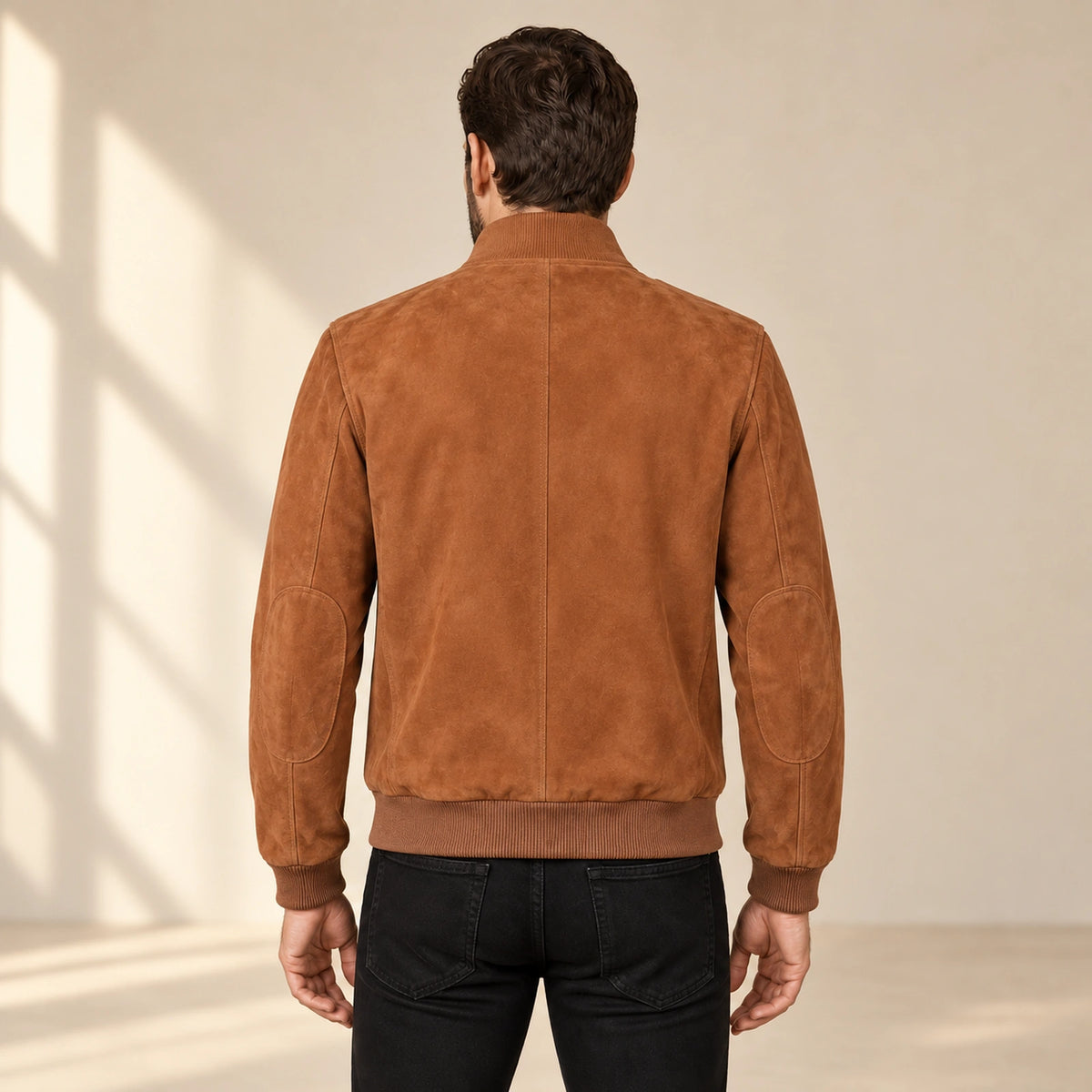 Siena Men's Cuoio Suede Leather Bomber Jacket in cuoio back view on male model