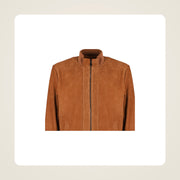 Siena Men's Cuoio Suede Leather Bomber Jacket collar zipper and leather close-up
