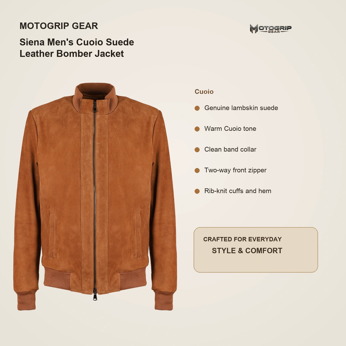 Siena Men's Cuoio Suede Leather Bomber Jacket key features