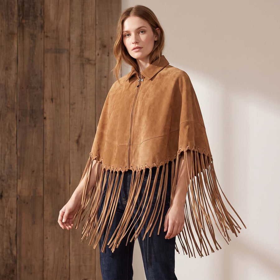 Front model view of the Sierra women's brown suede fringe cape.