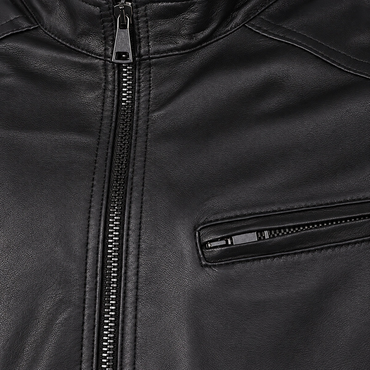 Men's Black Lambskin Single-Breasted Moto Jacket, close up view