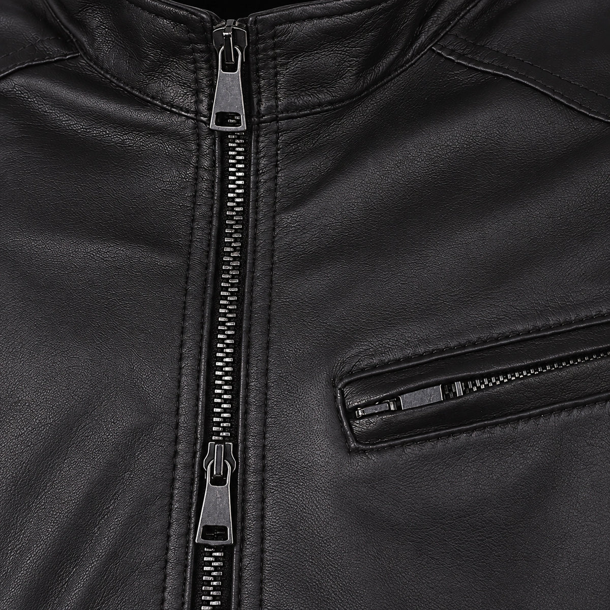 Men's Black Lambskin Single-Breasted Moto Jacket, hardware detail view