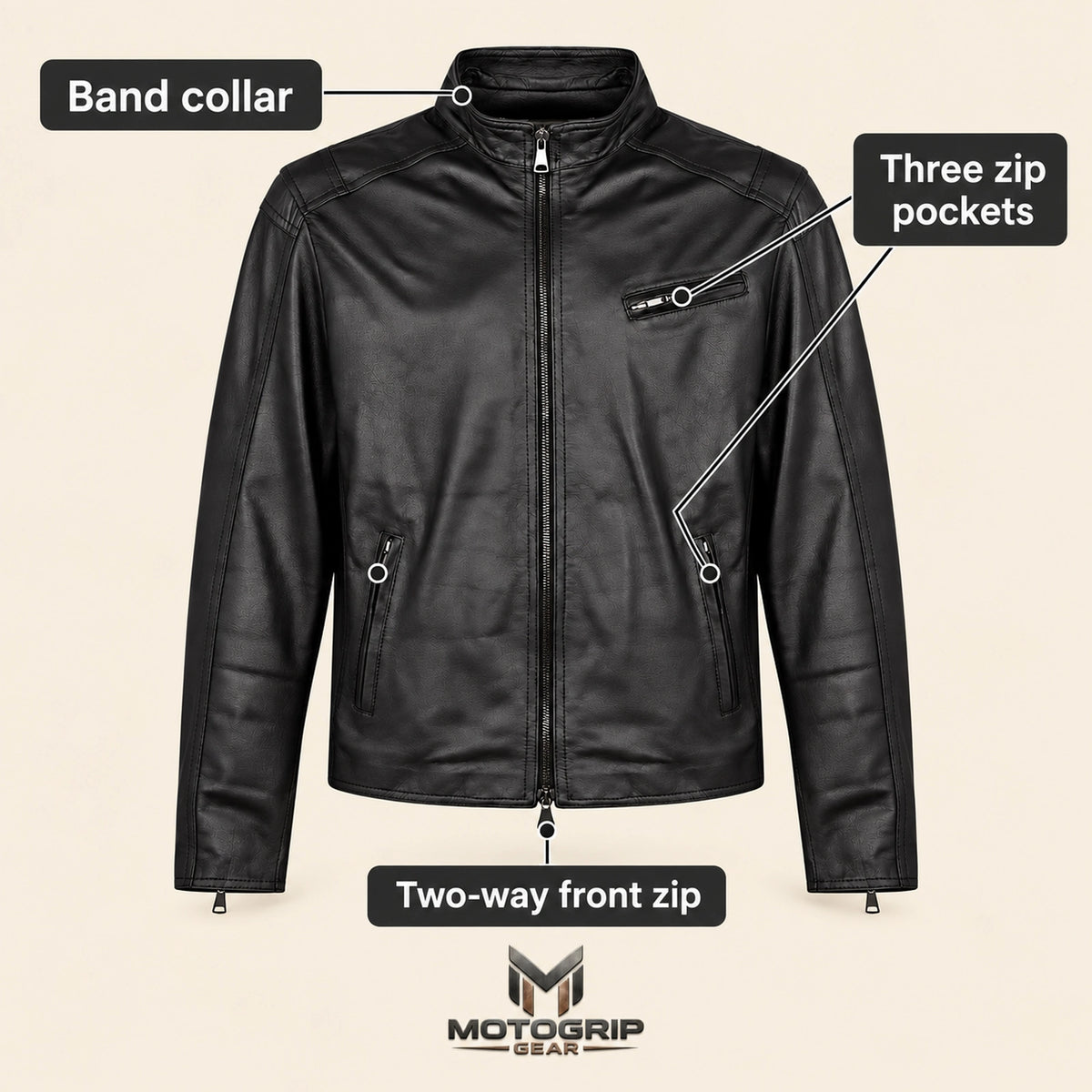 Men's Black Lambskin Single-Breasted Moto Jacket, infographic view