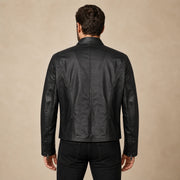 Men's Black Lambskin Single-Breasted Moto Jacket, model back view
